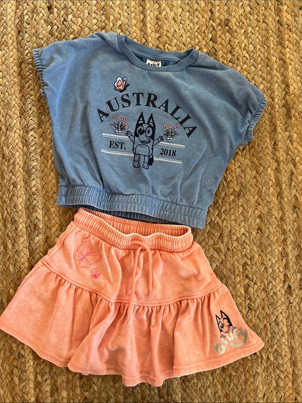 Bluey Girls Short sleeve sweatshirt  & Peach Skirt Set size 6 EUC